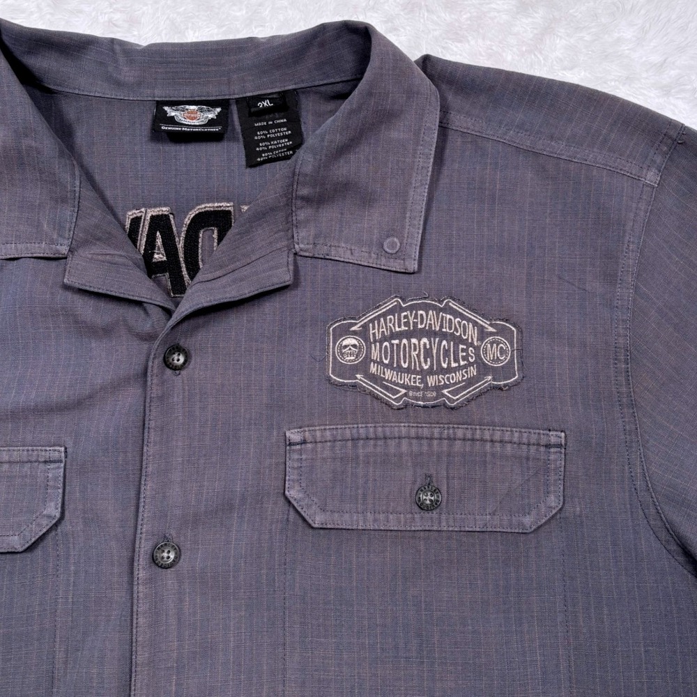 Y2K Harley-Davidson Button Shirt Men 2XL Gray Blue Mechanic Spellout Short Slv - Picture 5 of 16
